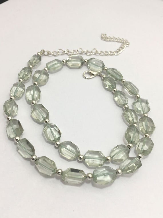 Natural Green Amethyst Faceted Tumble Beaded Necklace, 9x12mm To 10x14mm, 16 Inches, Green Necklace, Gemstone Necklace, Semiprecious Beads