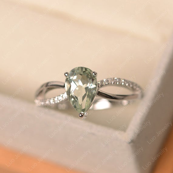 Green Amethyst Ring, Pear Cut Green Gemstone Ring, Silver 925 Ring For Women
