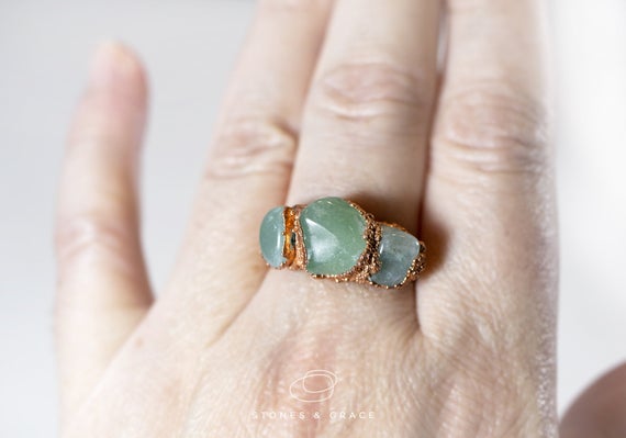 Green Aventurine Ring In An Electroformed Copper Setting - Multiple Crystals Ring