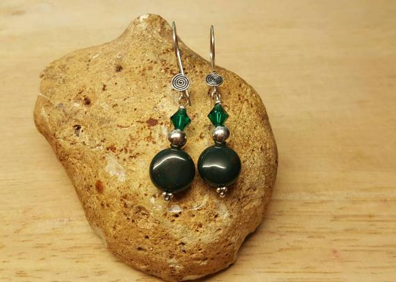 Green Bloodstone Earrings. Bali Silver Bead Dangle Earrings For Women. March Birthstone. Reiki Jewelry Uk. Empowered Crystals.