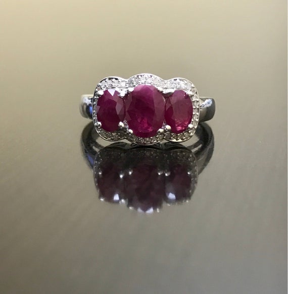 Halo Diamond Ruby Engagement Ring - Art Deco Ruby Diamond Wedding Ring - Three Stone Ruby Ring - Art Deco Ruby Ring - Ruby Three Stone Ring