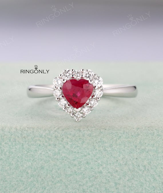 Heart Shaped Ruby Engagement Ring In White Gold,halo Diamond Wedding Ring,unique Ring,anniversary ,bridal Jewelry, Art Deco Ring