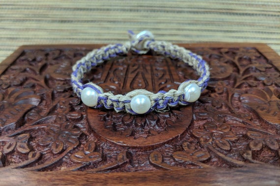Hemp Macrame Freshwater Pearl Bracelet,pearl Bracelet,hemp Jewelry,purple Hemp,beige Hemp,mactame Jewelry,boho Jewelry,boho Jewelry