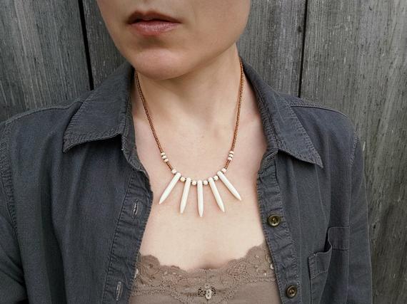 Tribal White Spike Necklace, Bohemian Howlite Spike Fan Necklace In White And Metallic Bronze