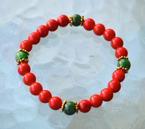 Red Coral Green Jade Wrist Mala Beads Healing Bracelet - Attract Love Assists Clear Reasoning, Inventiveness, Balanced Opinion,truthfulness