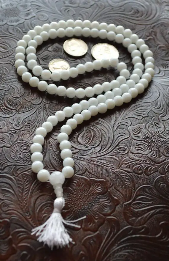 White Jade 108 Beads Healing Mala Necklace, 7 Chakra Tassel Necklace, Meditation Spiritual Protection Natural Stone Mala Prayer Beads