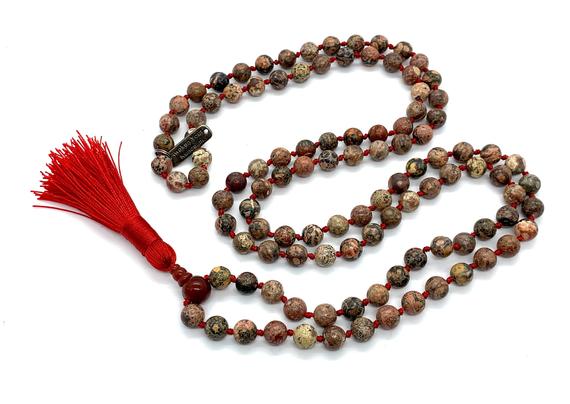 108 Mala Beads, Buddhist Prayer Bead, Knotted Mala Necklace, Leopard Skin Jasper Mala Necklace, Tassel Necklace, Yoga Jewelry, Fathers Day