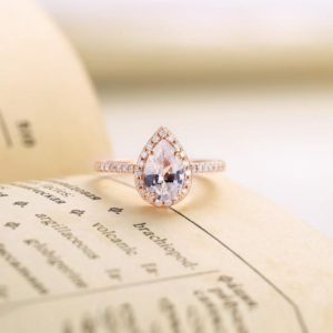 Lab White Sapphire engagement ring rose gold | Pear shaped ring |Vintage Halo Half eternity Moissanite Jewelry| Prong set promise ring | Natural genuine Array rings, simple unique alternative gemstone engagement rings. #rings #jewelry #bridal #wedding #jewelryaccessories #engagementrings #weddingideas #affiliate #ad