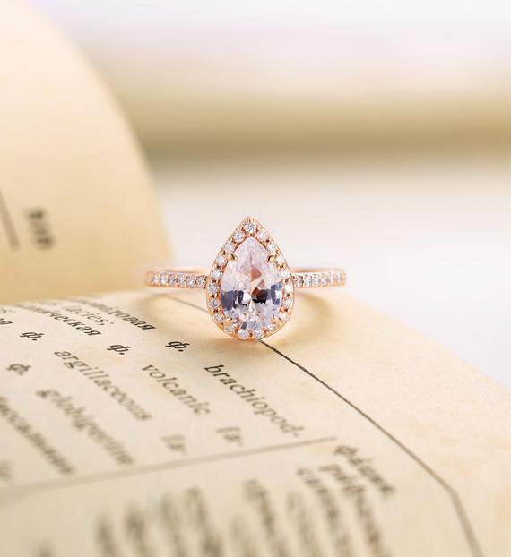 Lab White Sapphire Engagement Ring Rose Gold | Pear Shaped Ring |vintage Halo Half Eternity Moissanite Jewelry| Prong Set Promise Ring