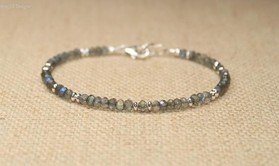 Labradorite Bracelet, Labradorite Jewelry, Sterling Silver, Blue Flash, Beaded, Layering Bracelet, Gemstone Jewelry