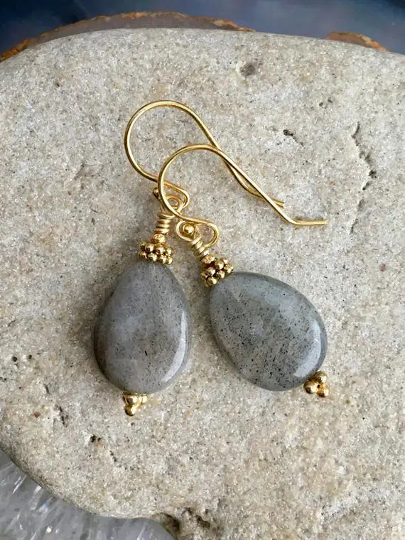 18k Gold Vermeil Labradorite Earrings, Labradorite Earrings, Boho Earrings, Teardrop Earrings, Gray Earrings, Labradorite Jewelry, 18k Gold