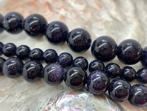 Blue Goldstone / Sandstone Beads 8mm Rounds / Sparkly Dark Blue Beads