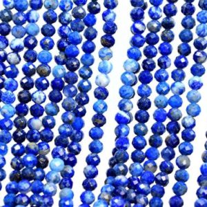 Shop Lapis Lazuli Faceted Beads! Genuine Natural Deep Blue Lapis Lazuli Loose Beads Afghanistan Grade AA Faceted Round Shape 3-4mm | Natural genuine faceted Lapis Lazuli beads for beading and jewelry making.  #jewelry #beads #beadedjewelry #diyjewelry #jewelrymaking #beadstore #beading #affiliate #ad