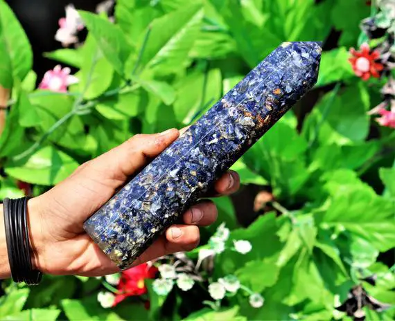 Epoxy Resin Made Large 220mm 8 Faceted Natural Blue Lapis Lazuli Chips Stone Healing Metaphysical Meditation Power Obelisk Tower