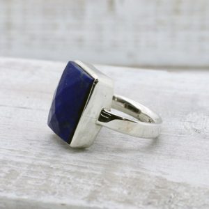 Shop Lapis Lazuli Rings! Unisex Gorgeous Lapis ring faceted cut stone rectangle shape cab stunning blue color with sparkles of silver natural stone 925 sterling | Natural genuine Lapis Lazuli rings, simple unique handcrafted gemstone rings. #rings #jewelry #shopping #gift #handmade #fashion #style #affiliate #ad