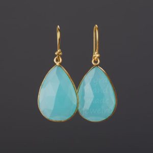 Large Aqua blue chalcedony earring,gemstone earring,pear shape bezel,faceted chalcedony,anniversary gift,baach wedding earring,mother gift | Natural genuine Gemstone earrings. Buy handcrafted artisan wedding jewelry.  Unique handmade bridal jewelry gift ideas. #jewelry #beadedearrings #gift #crystaljewelry #shopping #handmadejewelry #wedding #bridal #earrings #affiliate #ad