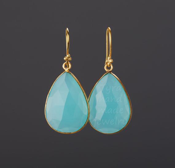 Large Aqua Blue Chalcedony Earring,gemstone Earring,pear Shape Bezel,faceted Chalcedony,anniversary Gift,baach Wedding Earring,mother Gift