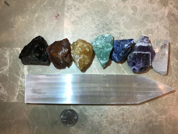 Large Chakra Stones Set: 7 Rough Crystals And (1) Selenite Point (charged Rocks) Free S&h