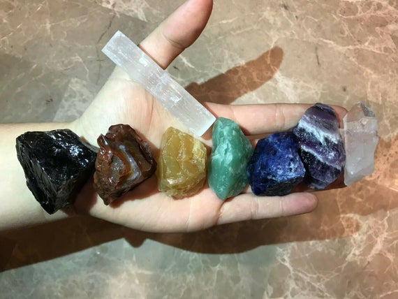 Large Chakra Stones Set: 7 Rough Crystals And Raw Selenite 3/4 Lb+ (charged Rocks) Free S&h