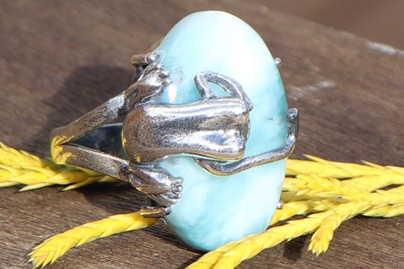 Larimar 925 Silver Frog Healing Stone Ring, Size 7 With Positive Healing Energy!