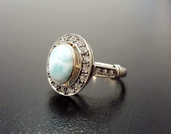 Larimar Ring, Blue Antique Ring, March Ring, Vintage Ring, Sky Blue Ring, Heaven Ring, March Birthstone, Unique Ring, Solid Silver Ring