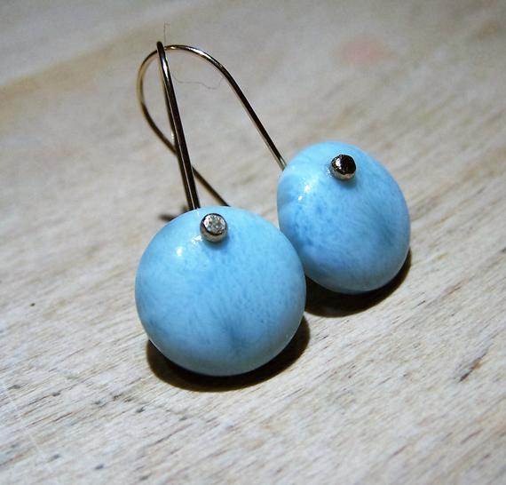 Larimar Smooth Coin, Pinned With 14k Solid Gold  Earwire