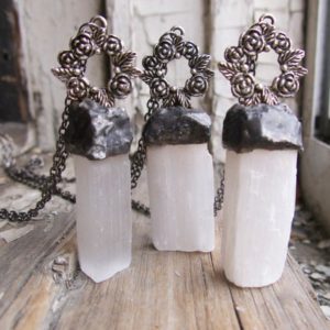 Long Pendant One Iridescent Winter White Selenite Necklace Antique Inspired Roses Raw Gemstone Statement Jewellery Dark Metal Healing | Natural genuine Gemstone pendants. Buy crystal jewelry, handmade handcrafted artisan jewelry for women.  Unique handmade gift ideas. #jewelry #beadedpendants #beadedjewelry #gift #shopping #handmadejewelry #fashion #style #product #pendants #affiliate #ad