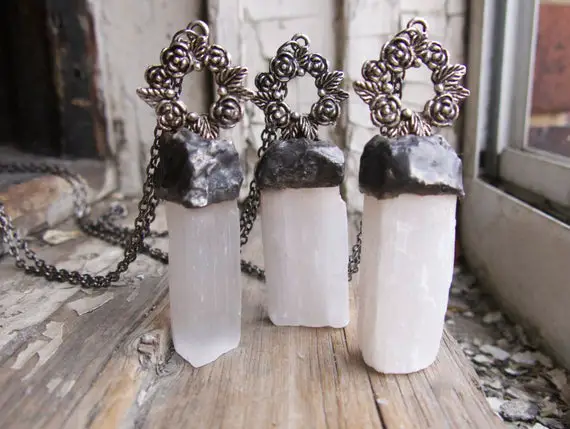 White Selenite Necklace, Handmade For Her,  White, Pendant Iridescent Winter, Antique Inspired Raw Gemstone Statement Metal Healing
