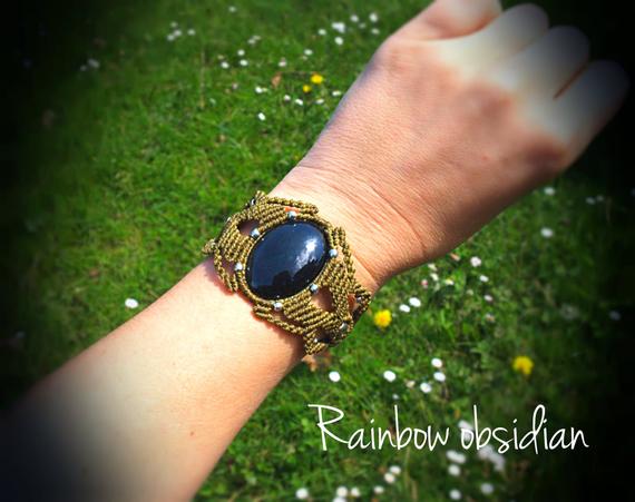 Macrame Bracelet, Rainbow Obsidian, Macrame Arm Band Jewelry-boho Chic-tribal Bijoux-bracelet For Women-black Obsidian