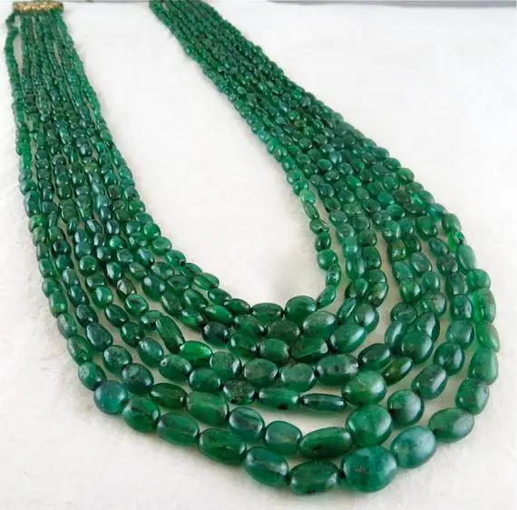 Antique Natural Emerald Beads Long Cabochon 7 String 471 Carats Gemstone Necklace