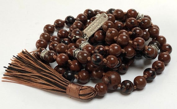 Mahogany Obsidian Necklace ,knotted Mala Beads For Men In Boho Style