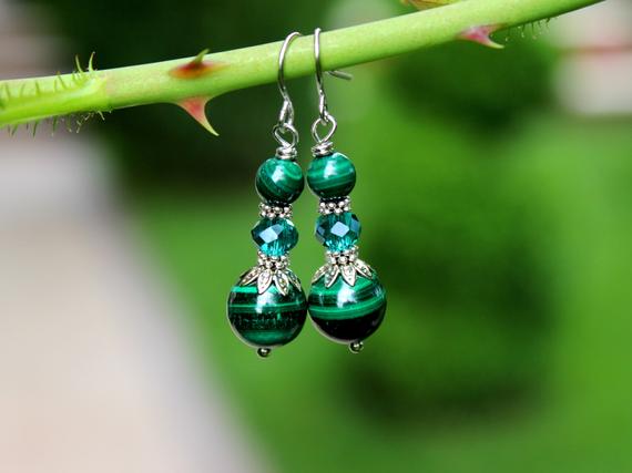 Genuine Malachite Earrings, Natural Malachite Jewelry, Emerald Green Bead Earrings, Green Dangle Gemstone Earrings, Malachite And Silver