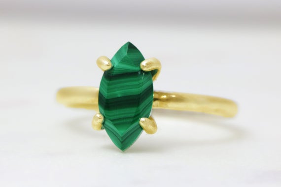 14k Gold Malachite Ring · Marquise Ring · Gemstone Ring · Energy Ring · Green Ring · Stackable Rings For Woman