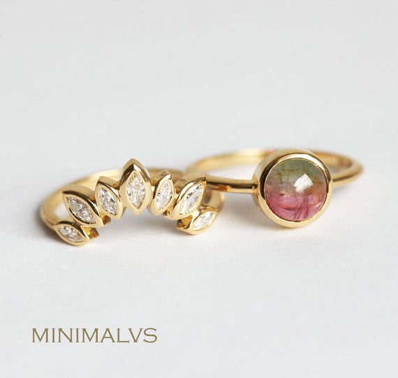 Marquise Diamond Ring With Watermelon Tourmaline Ring, Unique Bridal Set Yellow Gold, Set Of Two Rings