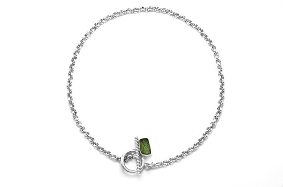 Certified Czech Moldavite Necklace Choker Toggle Clasp Moldavite Crystal Chunky Sterling Silver Rolo Chain Necklace Exclusive Craft Gifts