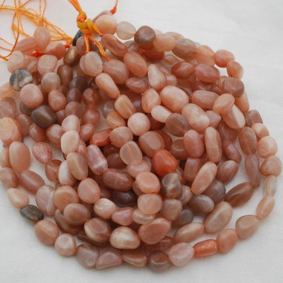 Natural Peach Moonstone Semi-precious Gemstone Pebble Tumbled Stone Nugget Beads 7mm-10mm - 15" Strand