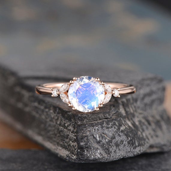Round Cut Moonstone Engagement Ring Rose Gold 7mm Moonstone Ring Antique Marquise Moissanite Cluster Wedding Bridal Set Enhancer Ring