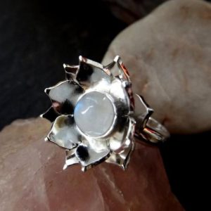 Shop Moonstone Rings! Silver Lotus Flower three dimensional ring with large moonstone | Natural genuine Moonstone rings, simple unique handcrafted gemstone rings. #rings #jewelry #shopping #gift #handmade #fashion #style #affiliate #ad