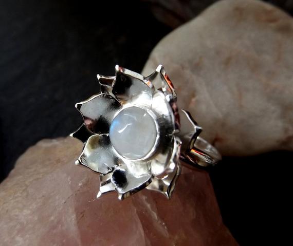 Silver Lotus Flower Three Dimensional Ring With Large Moonstone