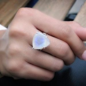 Statement Moonstone Ring · Trillion Cut Ring · Sterling Silver Ring · Moonstone Jewelry · Triangular Ring · White Stone Ring · Rainbow Ring | Natural genuine Gemstone rings, simple unique handcrafted gemstone rings. #rings #jewelry #shopping #gift #handmade #fashion #style #affiliate #ad