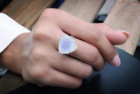 Statement Moonstone Ring · Trillion Cut Ring · Sterling Silver Ring · Moonstone Jewelry · Triangular Ring · White Stone Ring · Rainbow Ring