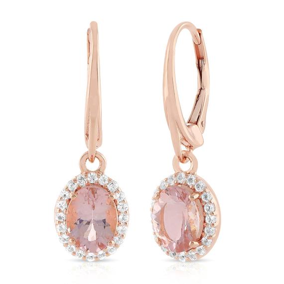 Morganite Earrings, Pink Morganite Studded Earrings, White Topaz Stud With Morganite Gemstone Drop Earrings, Morganite Jewelry Gift For Mom
