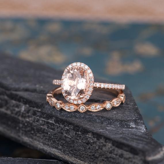 Art Deco Morganite Engagement Ring Rose Gold Bridal Set 2pcs Halo Diamond Oval Cut Eternity Wedding Anniversary Gift For Women Half Eternity