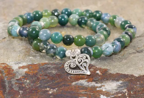 Green Heart Chakra Bracelet Stack, Anahata Jewelry, Moss Agate Bracelet, Wrist Mala Beads, Self Compassion-letting Go-healing The Heart
