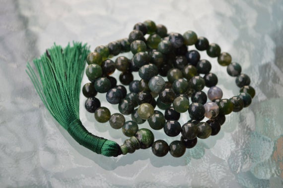Heart Chakra 8mm Dark Green Moss Agate Mala Beads Necklace Pendant 108 Long Necklace For Women Moss Agate Gemstone Boho Gift For Mom Jewelry