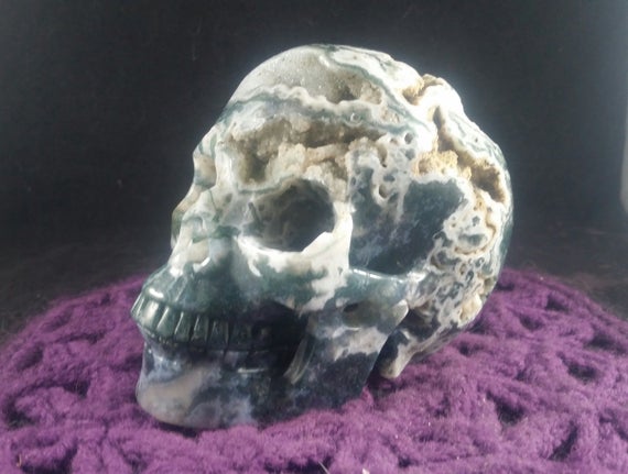 Large Moss Agate Skull Polished Crystal Stones Carved Crystals Hand Carving Green White Druzy Vugs Realistic Skulls Memento Mori