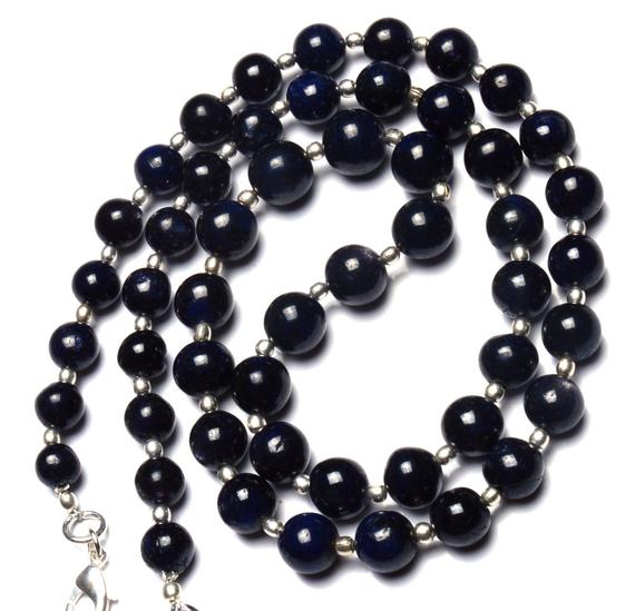 Natural Gemstone Blue Sapphire 7 To 10mm Smooth Round Ball Shape Beads 21 Inch Full Strand Sapphire Hand Polished Beads Necklace