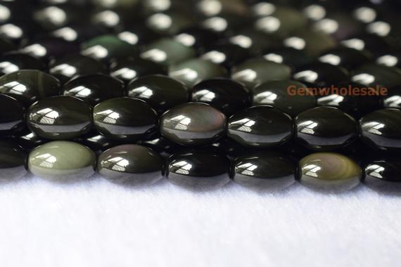 15.5" 7x10mm Natural Rainbow Black Obsidian Rice Beads, Olive Shape Semi Precious Stone Beads Yglo