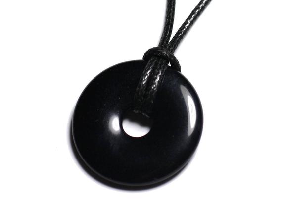 Semi Precious - Donut Pi 30mm Black Obsidian Stone Pendant Necklace