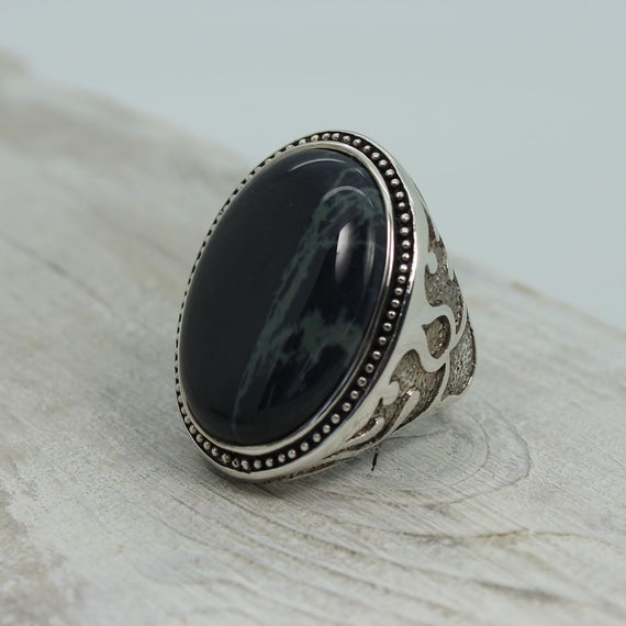 Big Spider Web Obsidian Stone Ring Oval Shape Cab Stone Set On Solid 925 Sterling Silver Bezel Large Sides Amazing Quality Jewelry